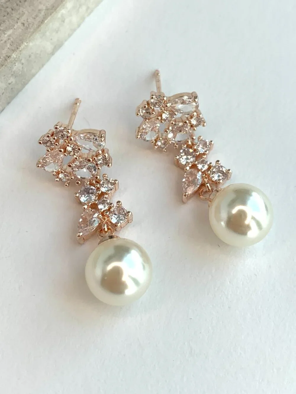 NEW ~ Anthropologie, BHLDN, Large Pearl & CZ Cluster Dangle Rose Gold Earrings